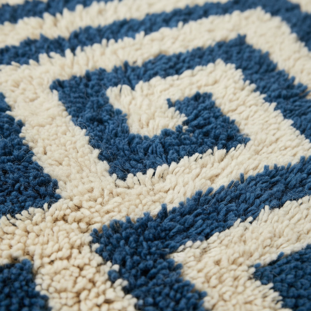 Close-up of a textured shag rug with a geometric diamond pattern in navy blue and cream.