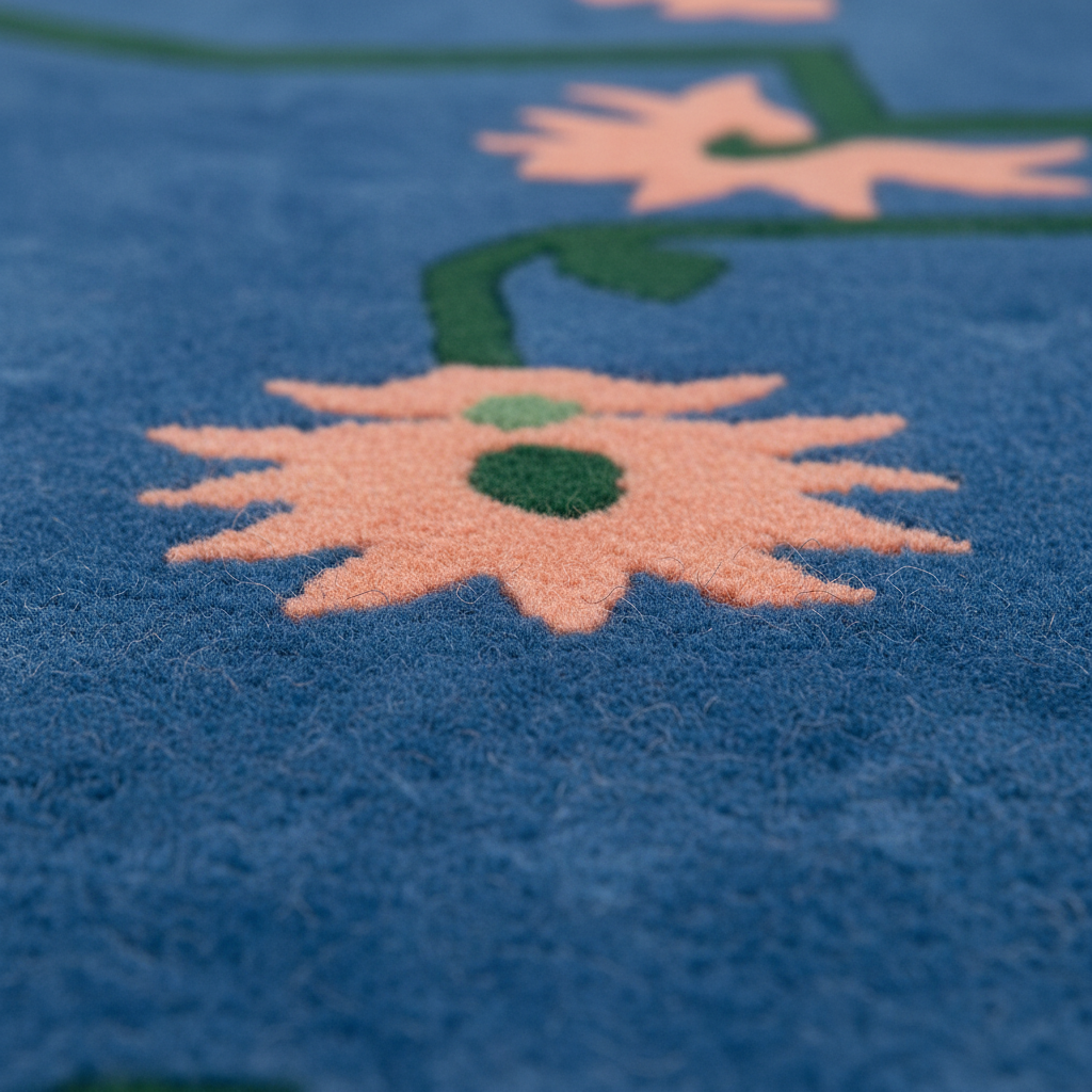 Close-up of a blue textured rug with a raised floral pattern in peach, green, and light blue.