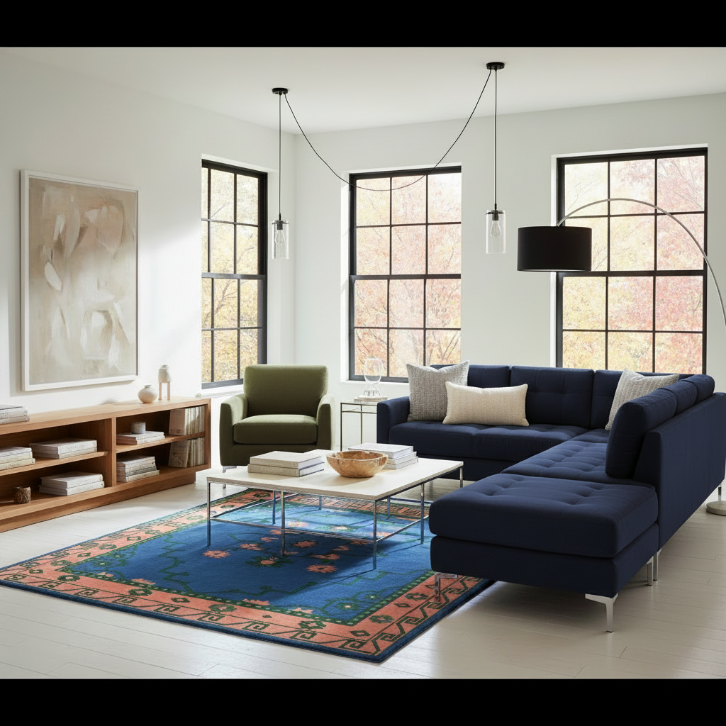 Modern living room with a navy blue sectional sofa, green armchair, and decorative blue rug.