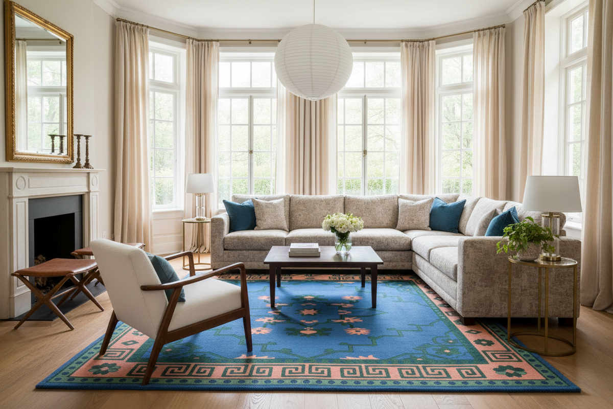 A styled living room featuring a large blue and beige patterned area rug under a gray sectional sofa, with a matching accent chair, a wooden coffee table, and tall windows with beige curtains.