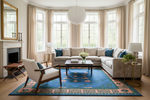 A styled living room featuring a large blue and beige patterned area rug under a gray sectional sofa, with a matching accent chair, a wooden coffee table, and tall windows with beige curtains.