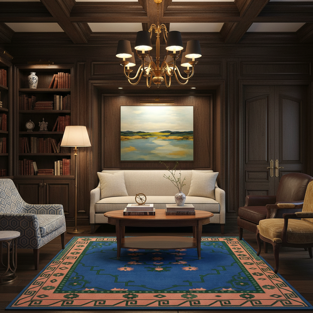 A beautifully styled traditional living room with dark wood paneling, a white sofa, a blue patterned rug, and a framed landscape painting on the wall.