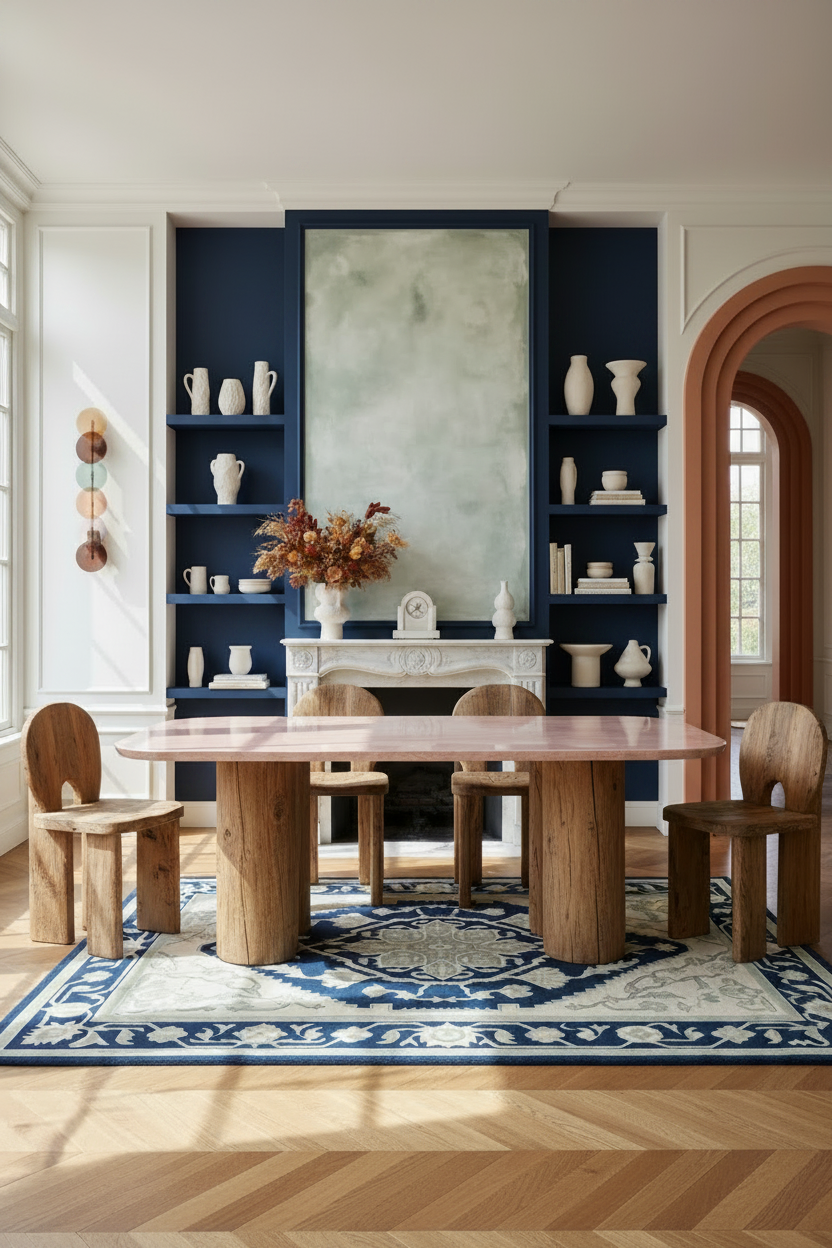 Dining room with blue rug, wooden table and chairs, blue shelves, and decorative elements.