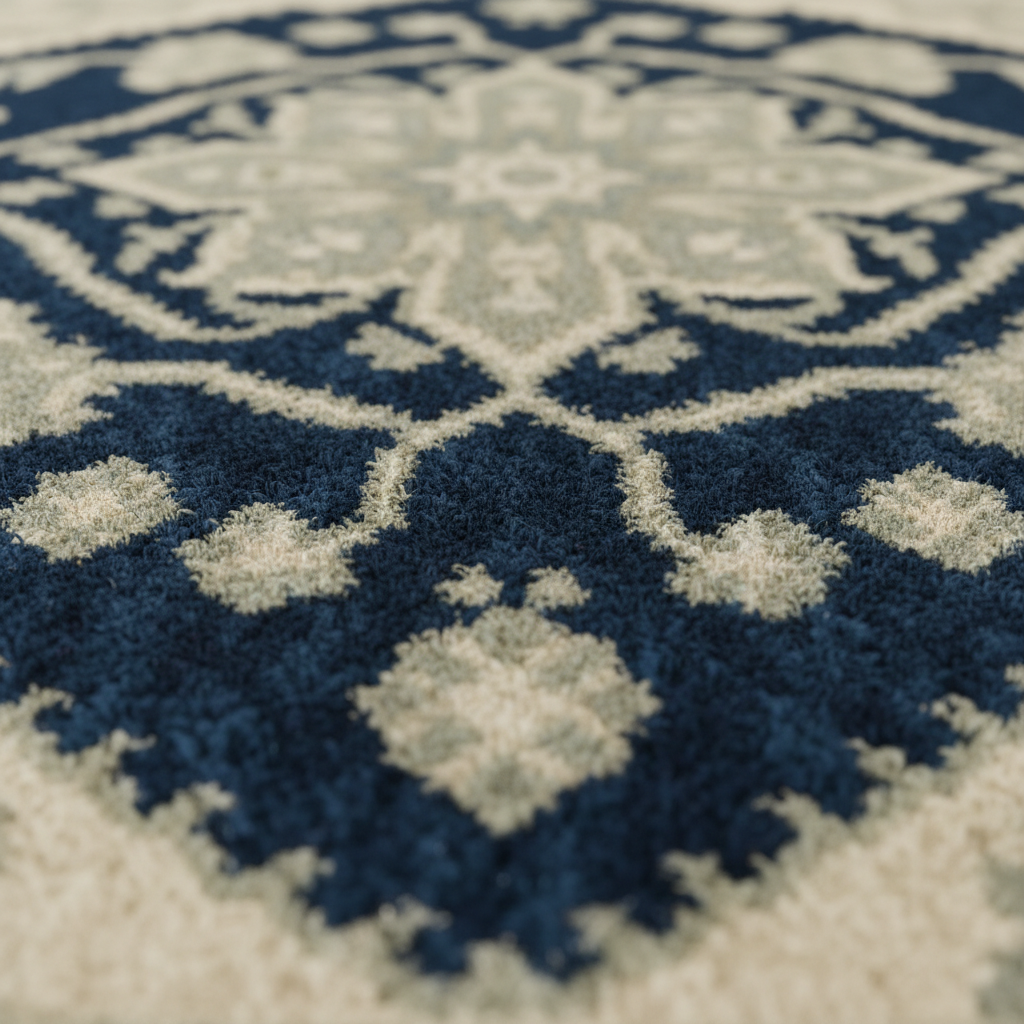 Close-up of a plush shag rug with a traditional medallion pattern in navy blue and cream.