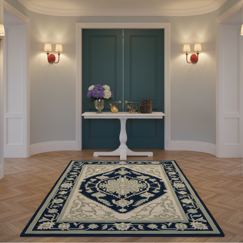 A large traditional area rug with a navy blue and cream floral pattern is displayed on a herringbone wood floor in a beautifully decorated entryway with teal doors and wall sconces.