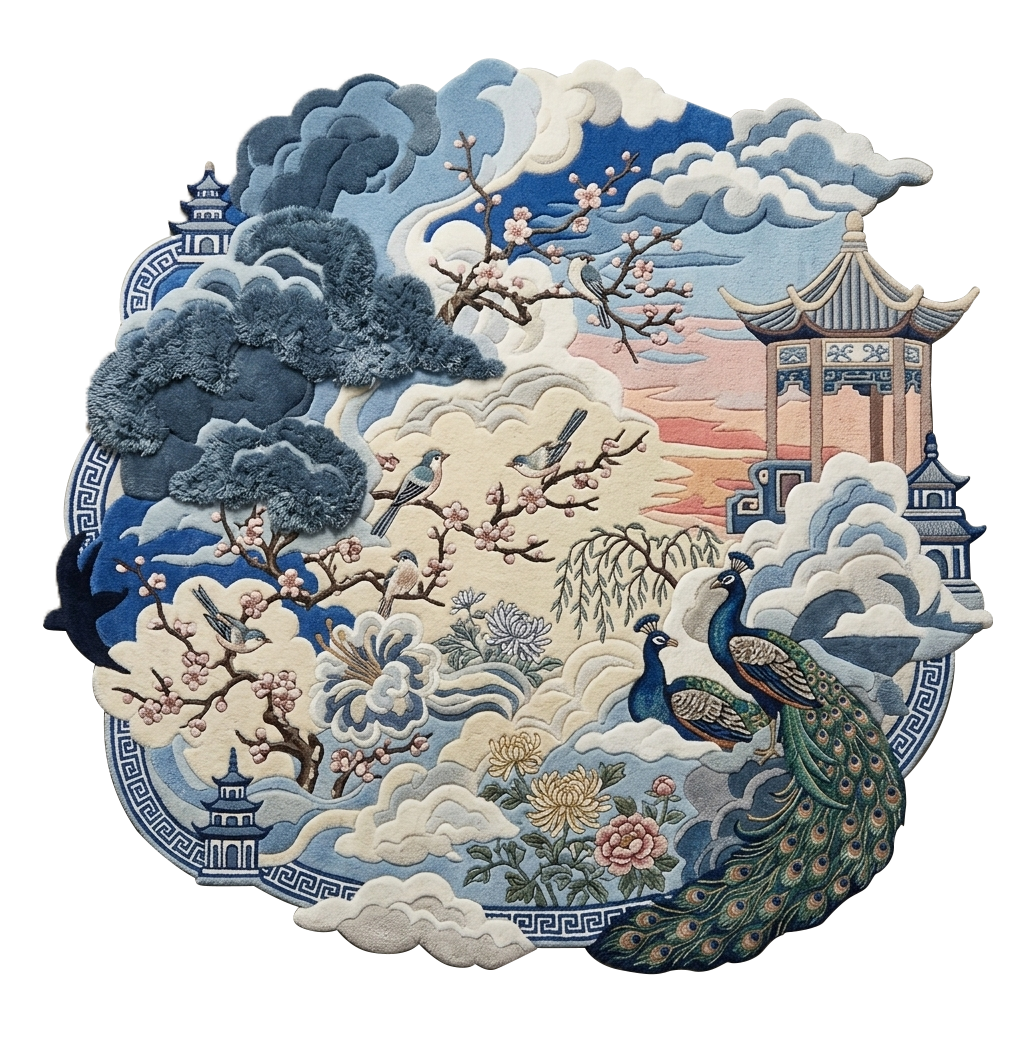 Sapphire Pagoda Cherry Blossom Hand Tufted Wool Rug