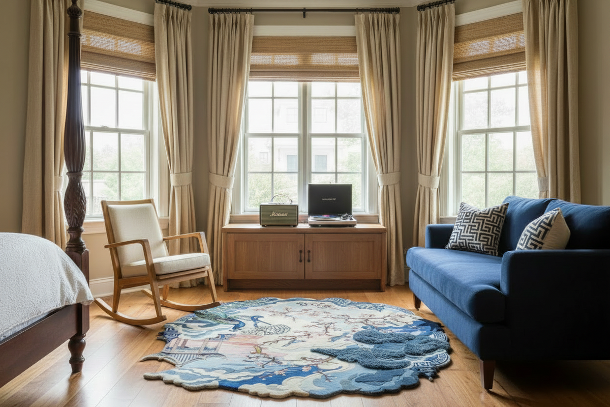 Living room with blue sofa, rocking chair, chinoiserie tufted rug, and wooden cabinet under large windows.