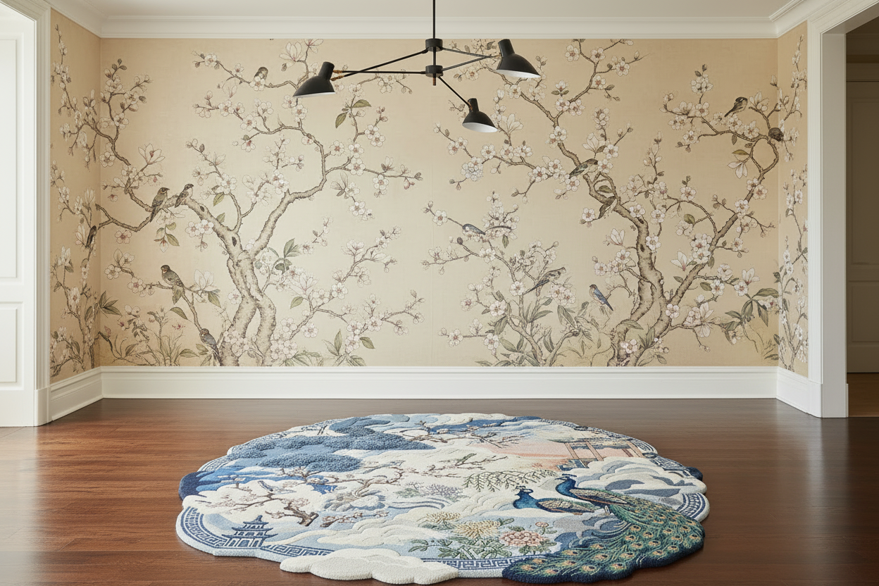 Room with floral wallpaper and a decorative rug on wooden floor
