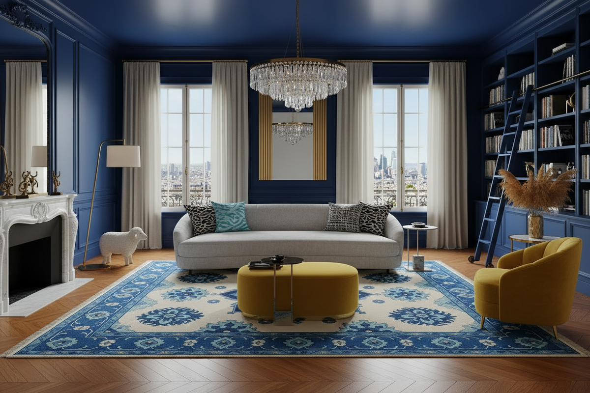 Luxurious living room with blue rug, walls, a gray sofa, yellow armchair, and decorative rug.
