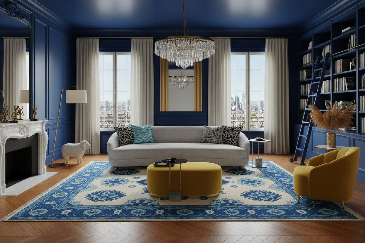 Luxurious living room with blue rug, walls, a gray sofa, yellow armchair, and decorative rug.