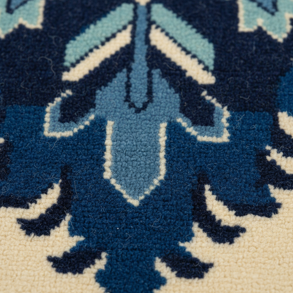 Close-up of a textured area rug featuring a traditional geometric pattern in navy blue, medium blue, and cream.