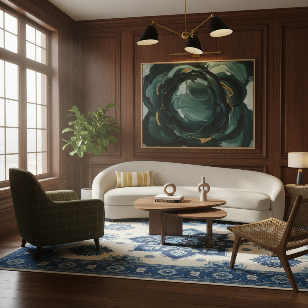 A styled living room interior with a white curved sofa, dark wood-paneled walls, a large abstract painting in green, teal, and gold tones, a blue patterned rug, a plaid armchair, and wooden coffee tables.