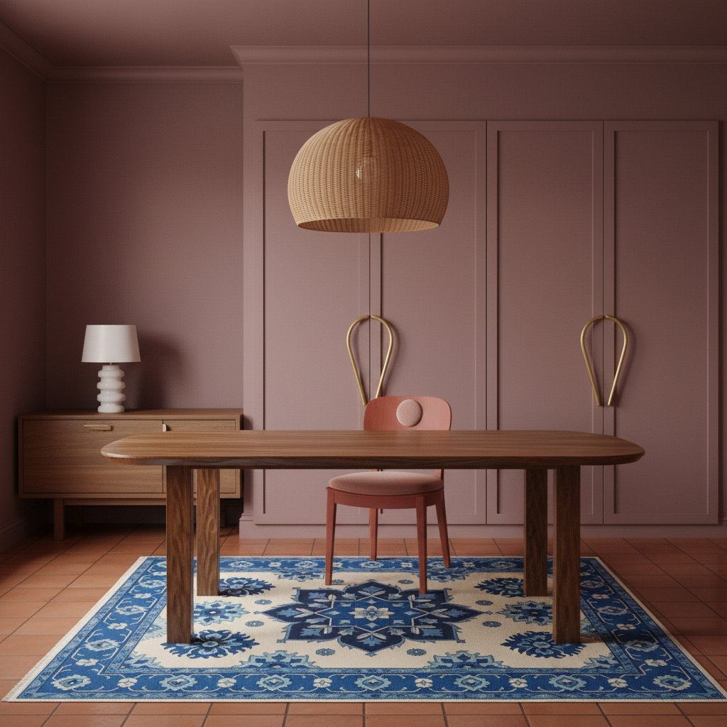 A styled dining room scene featuring a rectangular wooden dining table on a blue and cream patterned area rug, with a pink chair tucked underneath. A large woven pendant light hangs from the ceiling, and the background consists of dusty rose paneled walls and built-in cabinetry.
