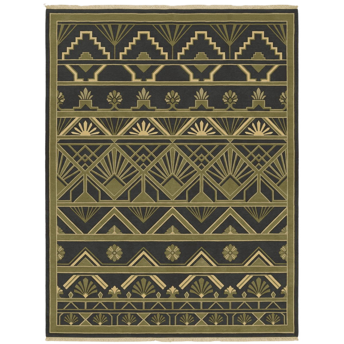 Decorative rug with geometric pattern on a green background
