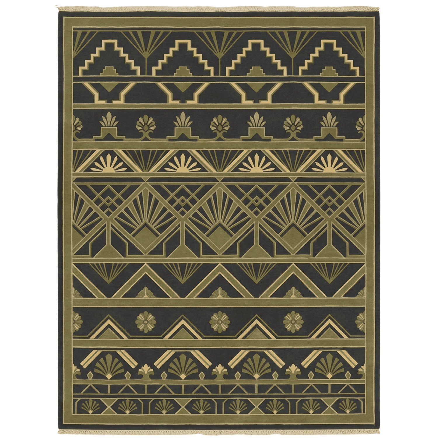 Decorative rug with geometric pattern on a green background