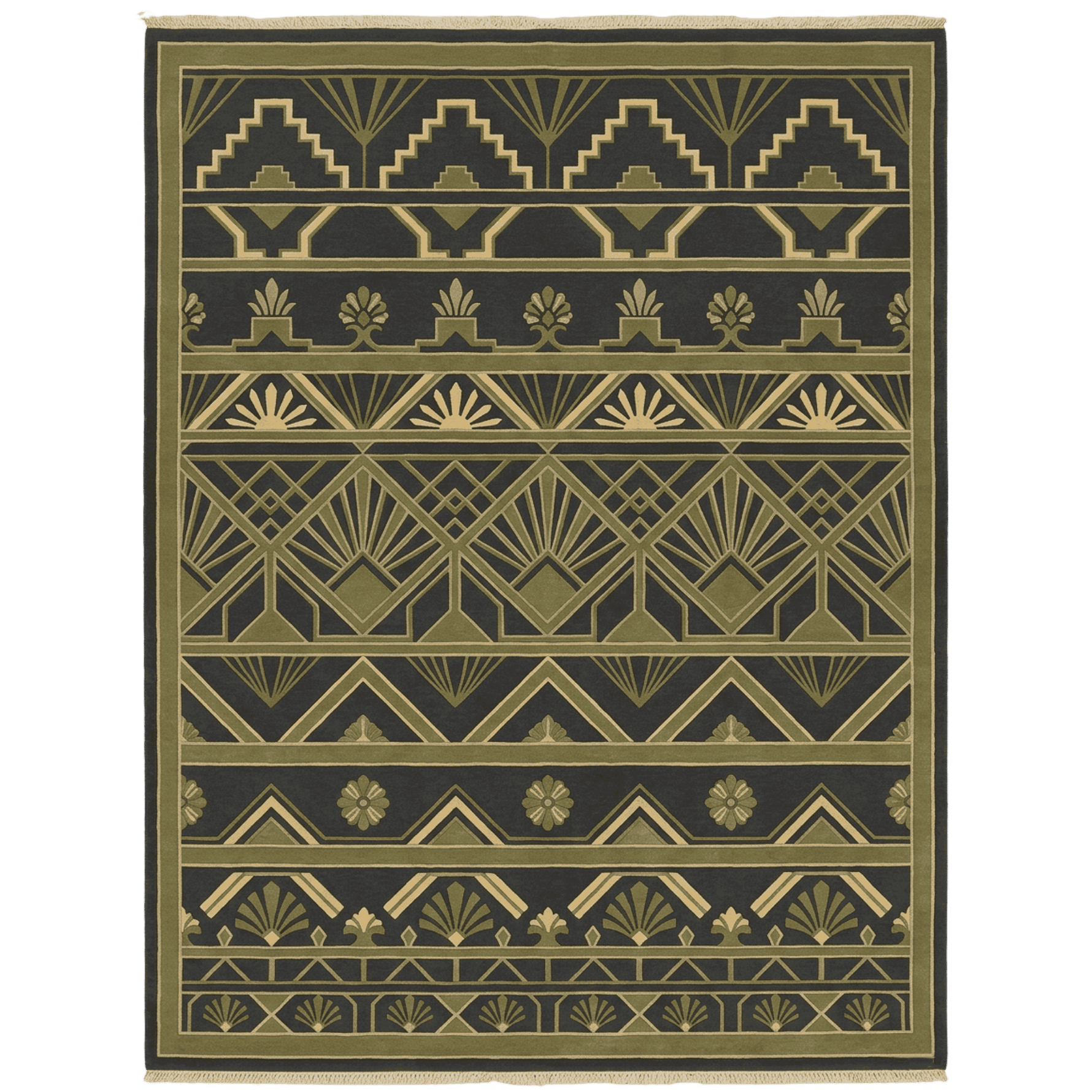 Decorative rug with geometric pattern on a green background