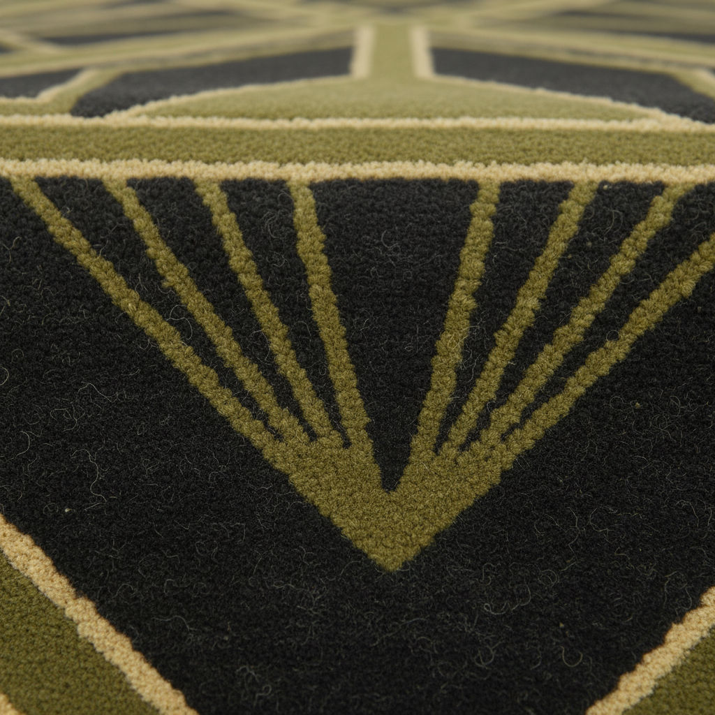 Close-up of a textured area rug with a geometric Art Deco design in olive green, black, and cream.