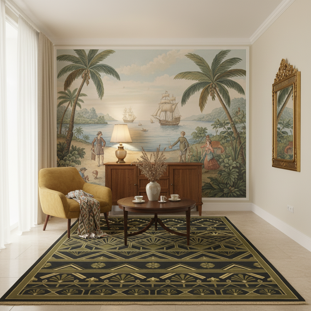 A styled interior room featuring a large vintage-style tropical mural on the wall, with palm trees, sailing ships, beach figures, and a yellow armchair, coffee table, and patterned rug.