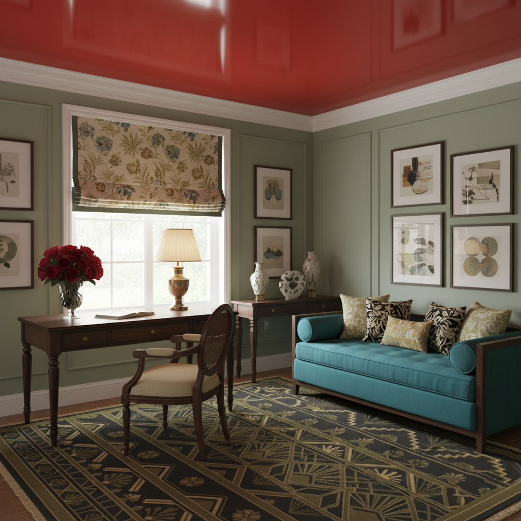 A styled interior room with sage green walls, a bright red ceiling, a teal sofa with patterned pillows, a dark wood desk and chair, framed wall art, and a patterned rug.