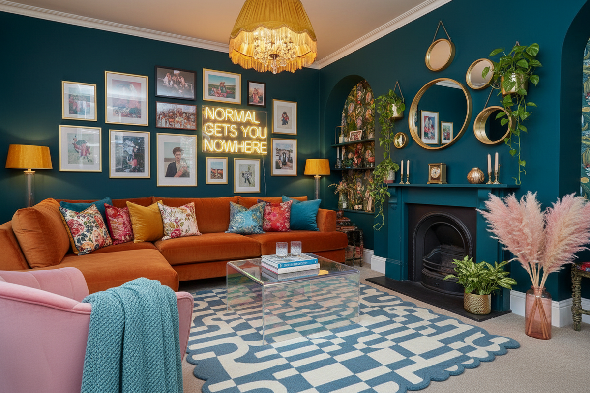 Modern living room with blue rug, walls, orange sofa, and decorative elements.