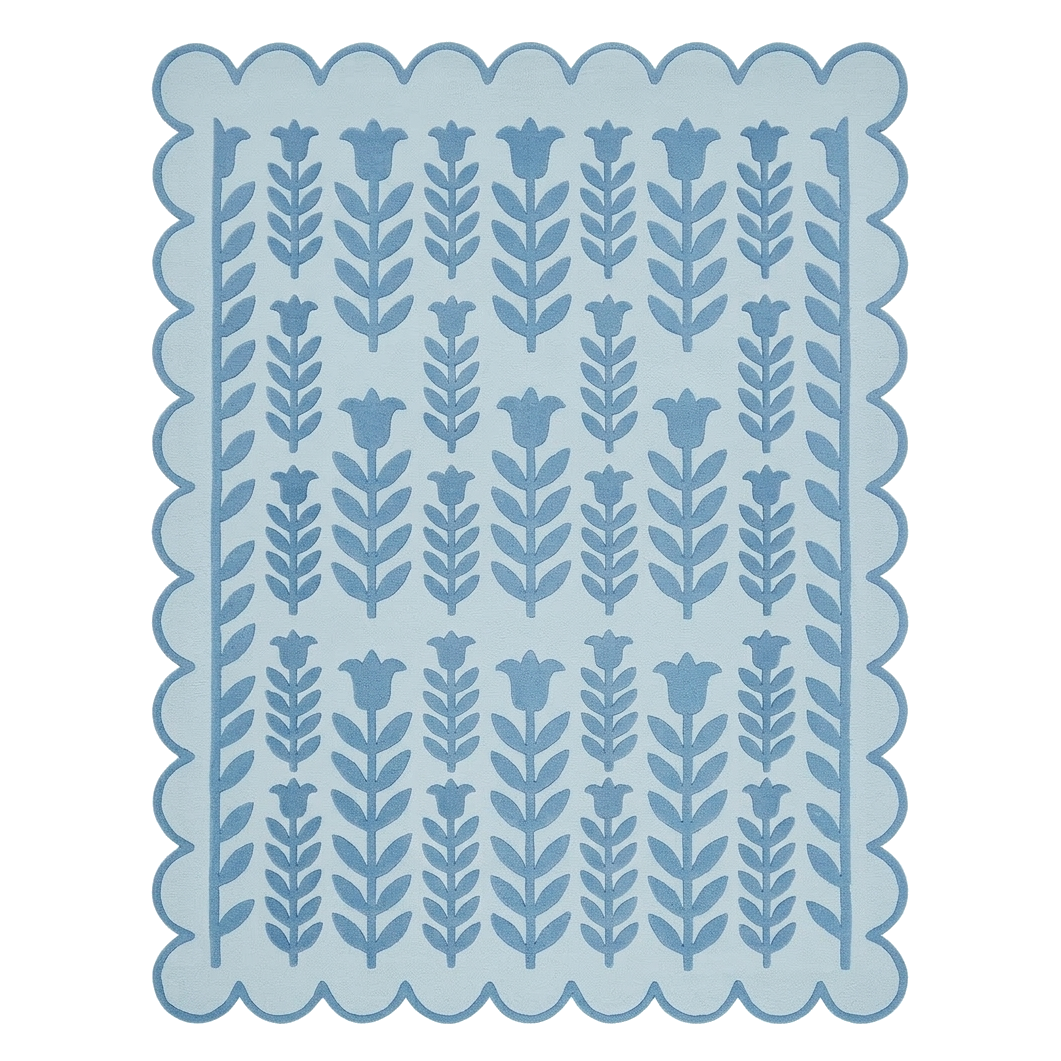 Scalloped Floral Silhouette Blue Hand Tufted Wool Rug