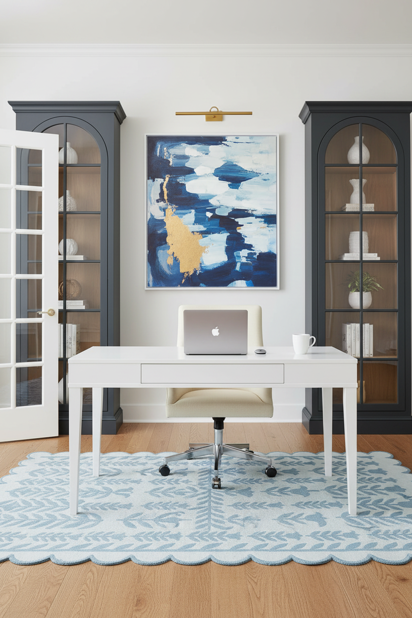 Home office with a white desk, laptop, scallop blue rug, and decor elements.