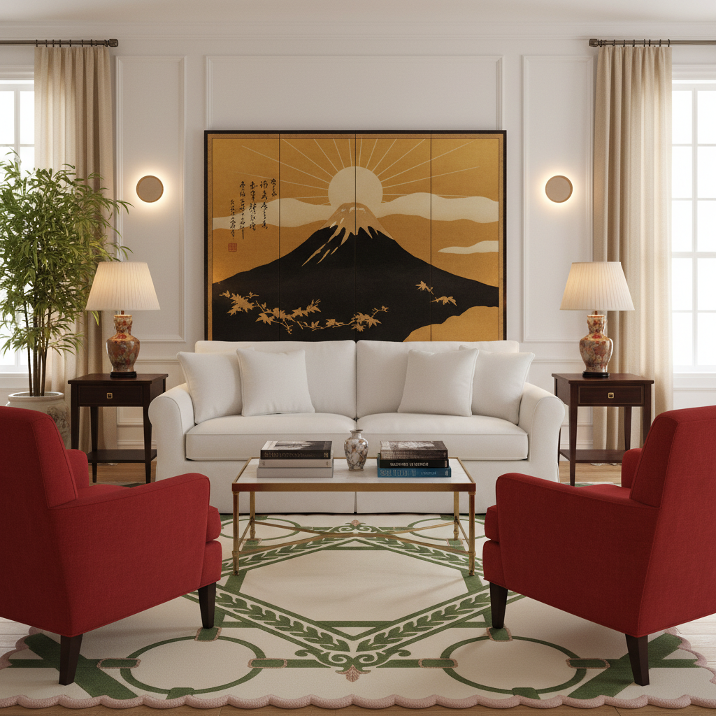 A styled living room featuring a large framed Japanese triptych wall art piece of Mount Fuji with a golden sun and black mountain silhouette. The artwork is displayed on a white wall above a white sofa, flanked by two red armchairs, a patterned rug, and potted plants.