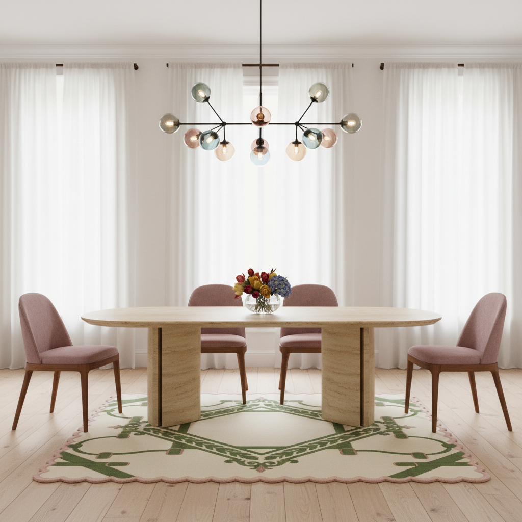 A modern dining room scene featuring a light wood oval dining table with three blush pink upholstered chairs, a contemporary multi-arm chandelier with colorful glass globes, and a patterned cream rug on a light wood floor.