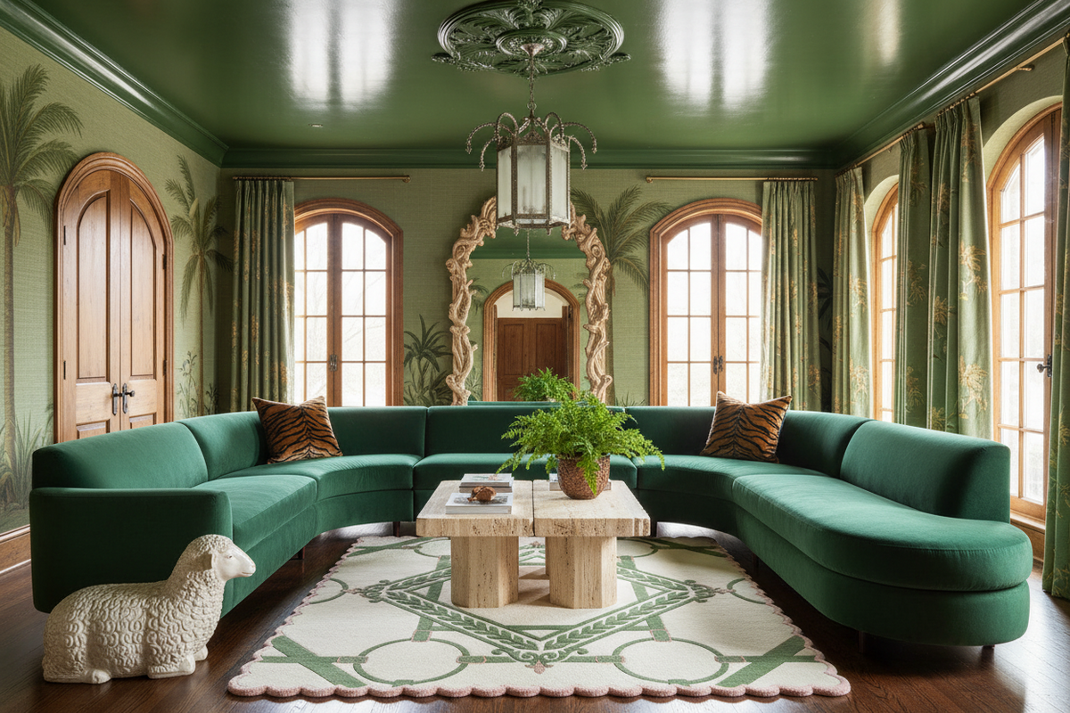 Luxurious living room with green rug,  walls, large windows, and a green sectional sofa.