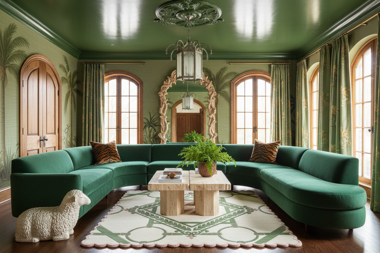 Luxurious living room with green rug,  walls, large windows, and a green sectional sofa.