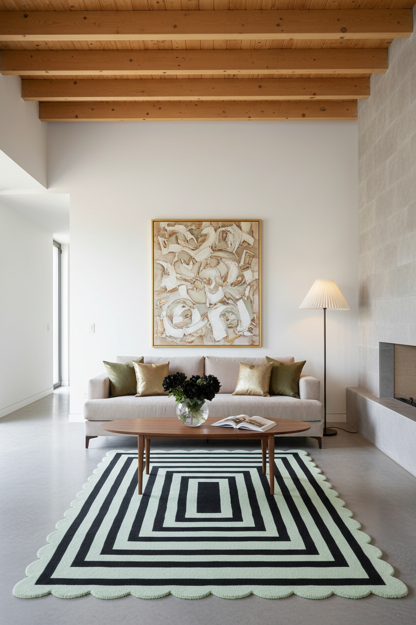 A modern living room featuring a prominent black and white geometric striped rug with a scalloped edge, styled with a wooden coffee table, a beige sofa, and a large abstract canvas print on the wall.