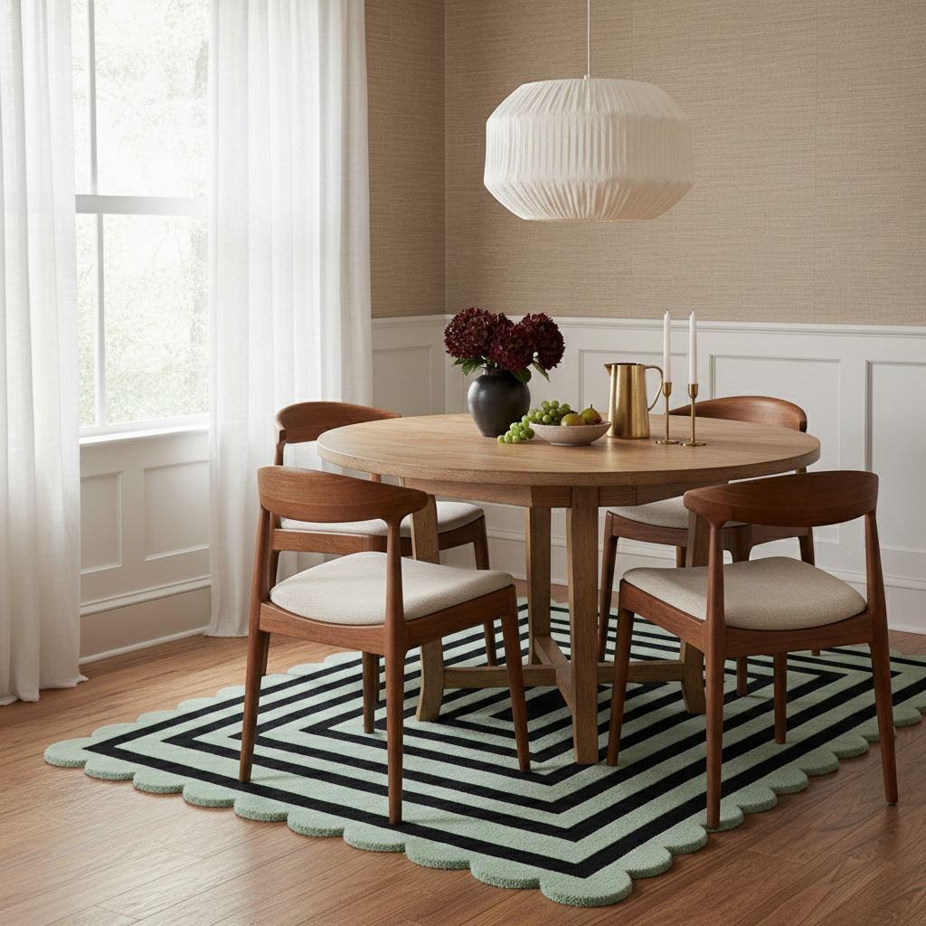 Dining room with wooden table and chairs on a striped scalloped rug