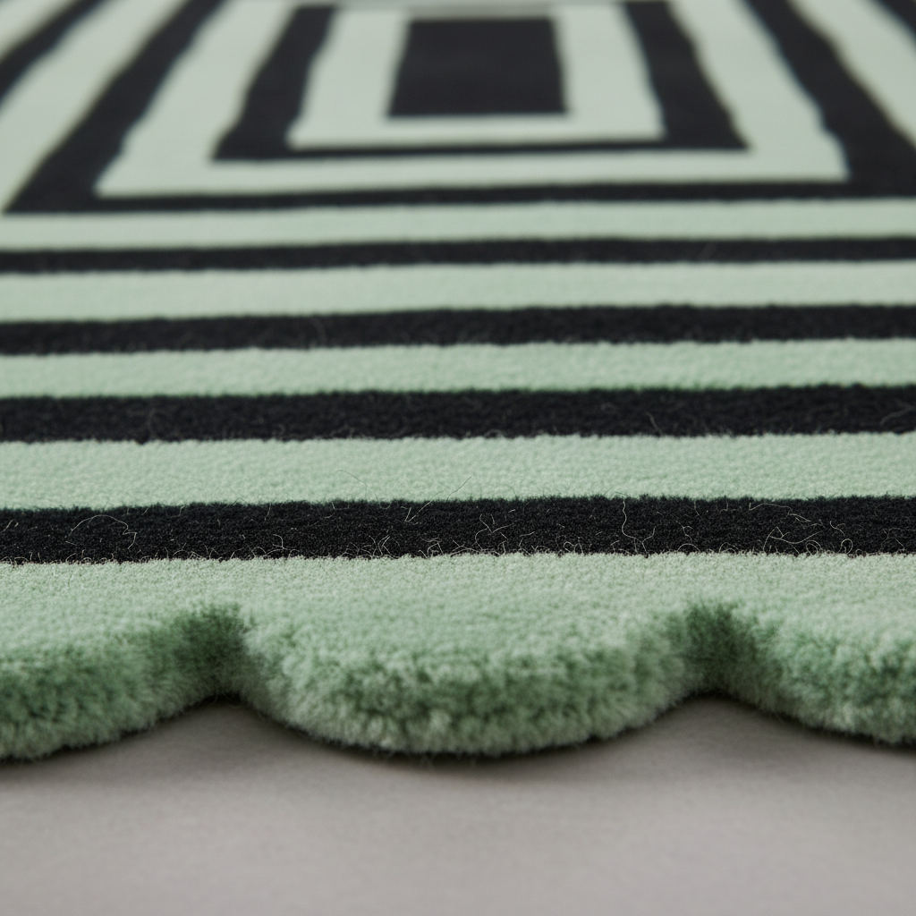 Close-up of a plush rug with horizontal mint green and black stripes and a scalloped edge, shown on a neutral surface.