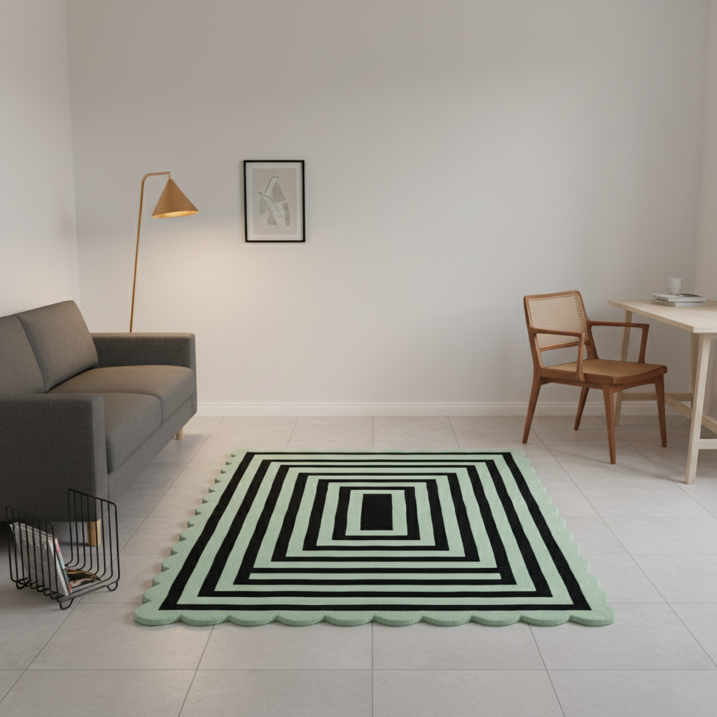 A rectangular area rug with a mint green border and concentric black geometric stripes, styled in a minimalist modern living room with a gray sofa, wooden chair, and floor lamp.