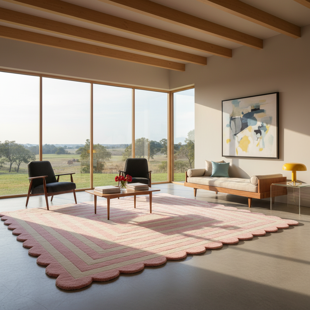 A modern living room with large floor-to-ceiling windows overlooking a grassy landscape. The room features a large pink and beige scalloped area rug, a beige sofa with a green pillow, two black armchairs, a wooden coffee table, and a yellow side table with a lamp.