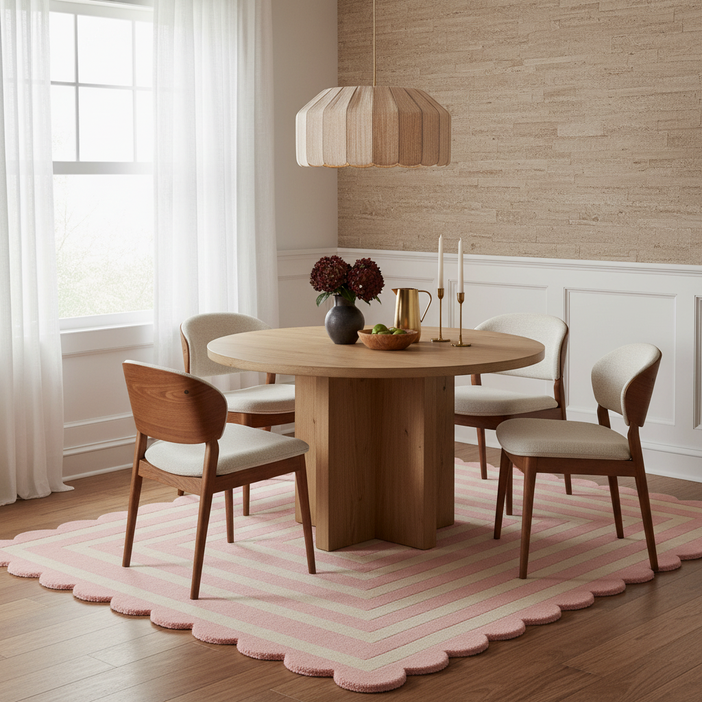 Dining room with wooden table and chairs on a pink and white striped rug.