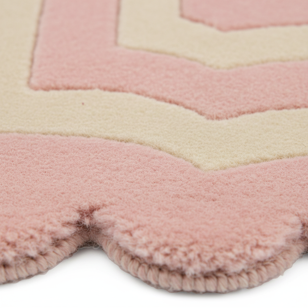Close-up of a plush, scalloped-edge rug with concentric chevron patterns in dusty pink and cream.