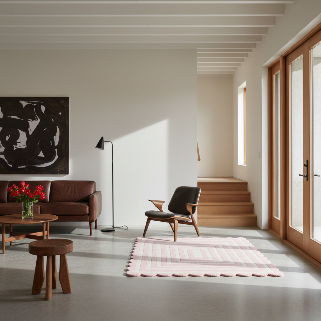 A modern living room interior with a brown leather sofa, black accent chair, wooden coffee table, pink striped rug, and large glass doors, photographed in a bright minimalist space.
