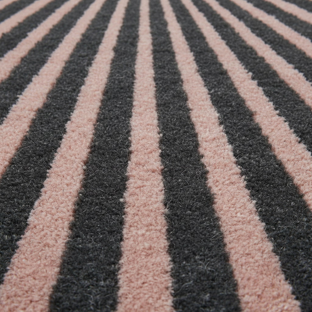 Close-up of a shaggy rug with alternating vertical stripes in dark charcoal gray and dusty pink, shown in perspective.