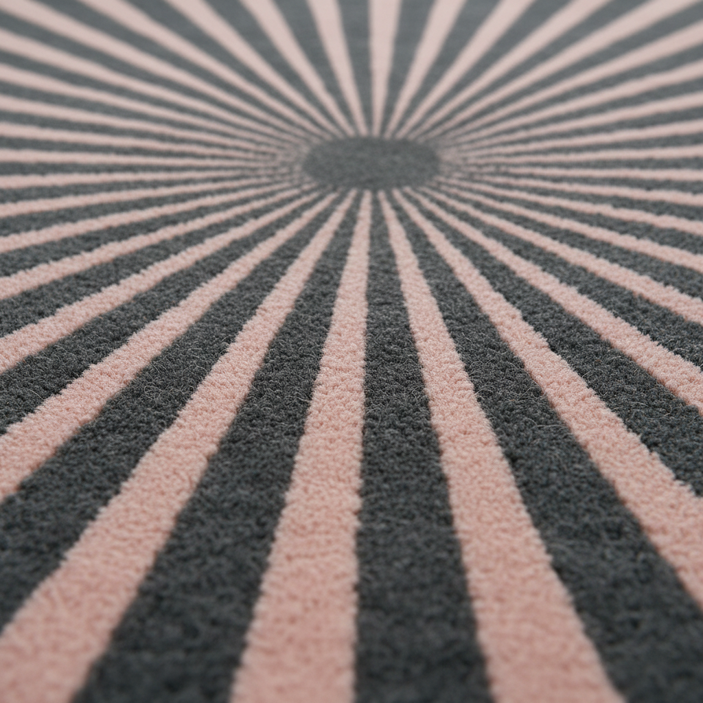 A close-up of a textured rug with a radial striped pattern, featuring alternating dark charcoal gray and dusty pink stripes that converge toward a central dark gray circle.