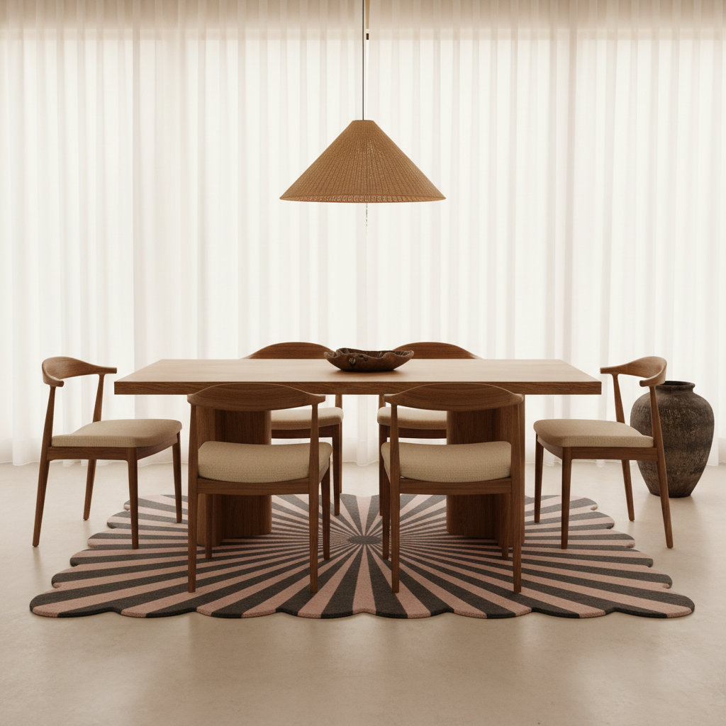 Dining room with wooden table and chairs on a striped scalloped rug