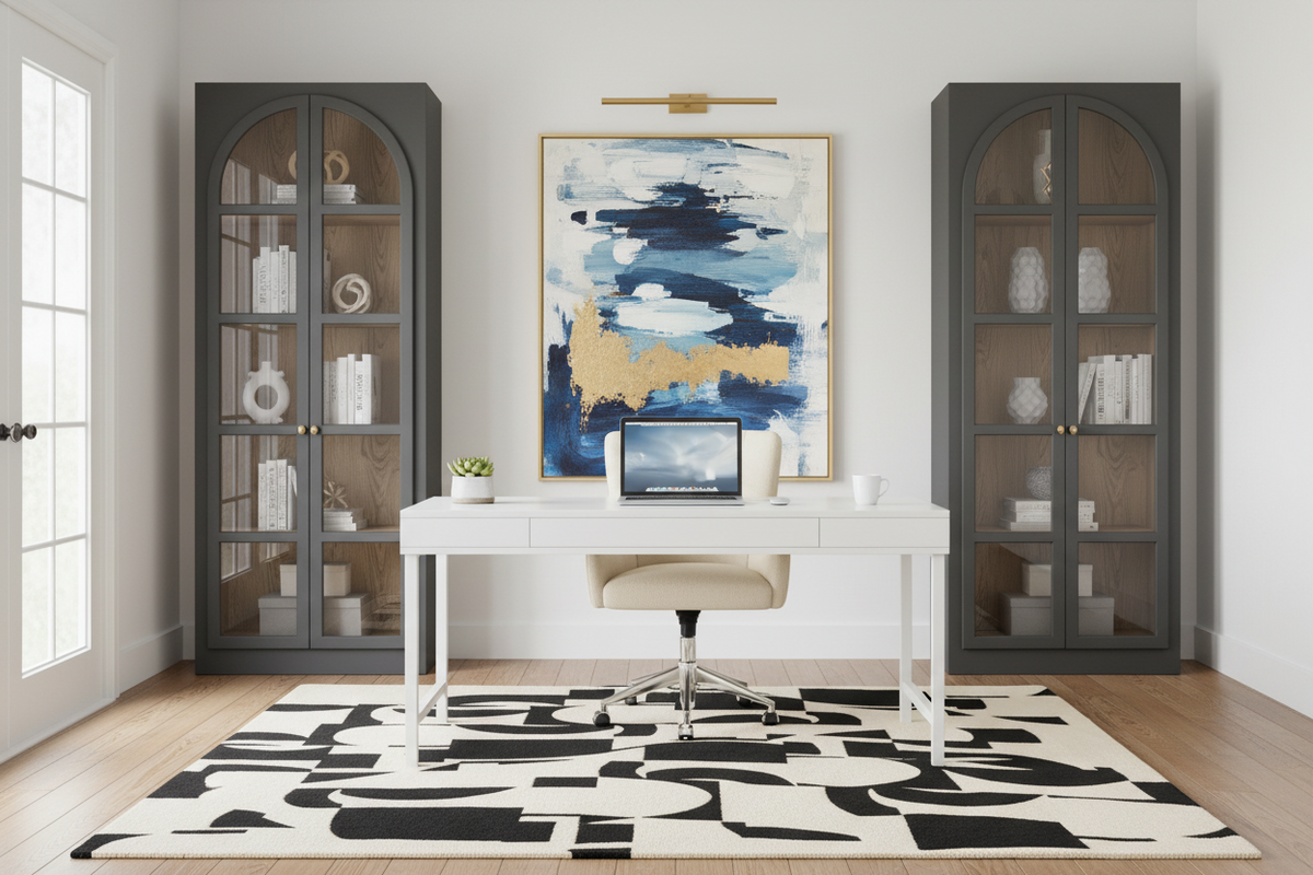 Modern home office with a desk, abstract black and white rug, and decorative items.
