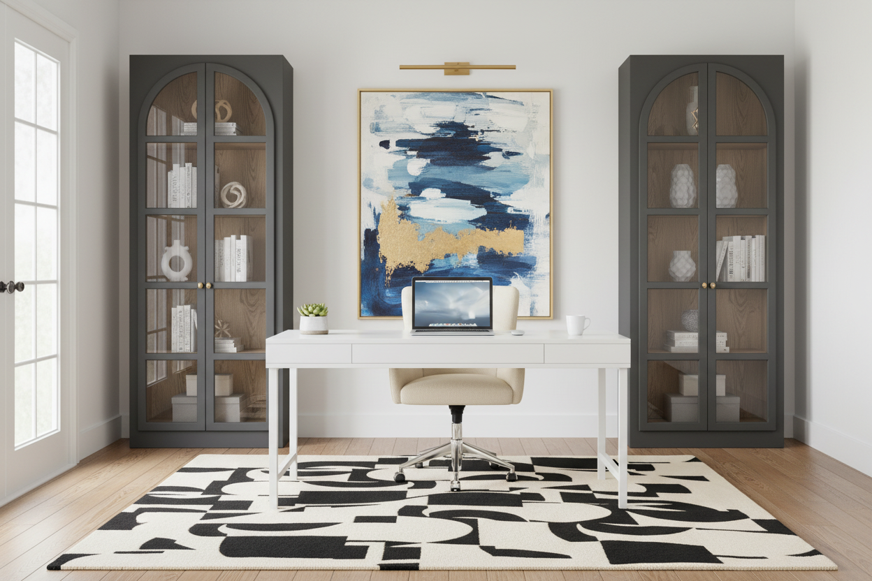 Modern home office with a desk, abstract black and white rug, and decorative items.