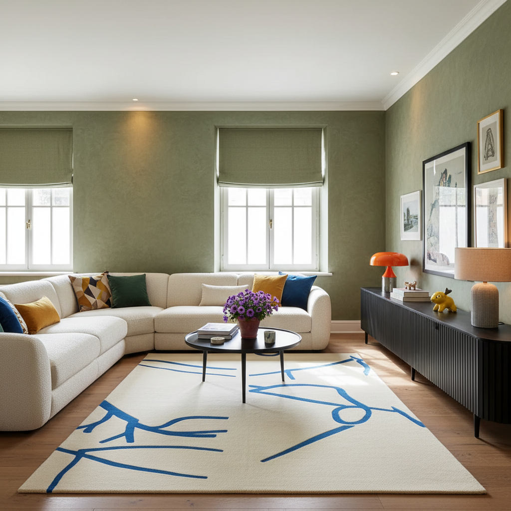 A modern living room featuring a large cream-colored sectional sofa with blue and yellow accent pillows, a cream rug with blue abstract line art, a black sideboard, and sage green walls.