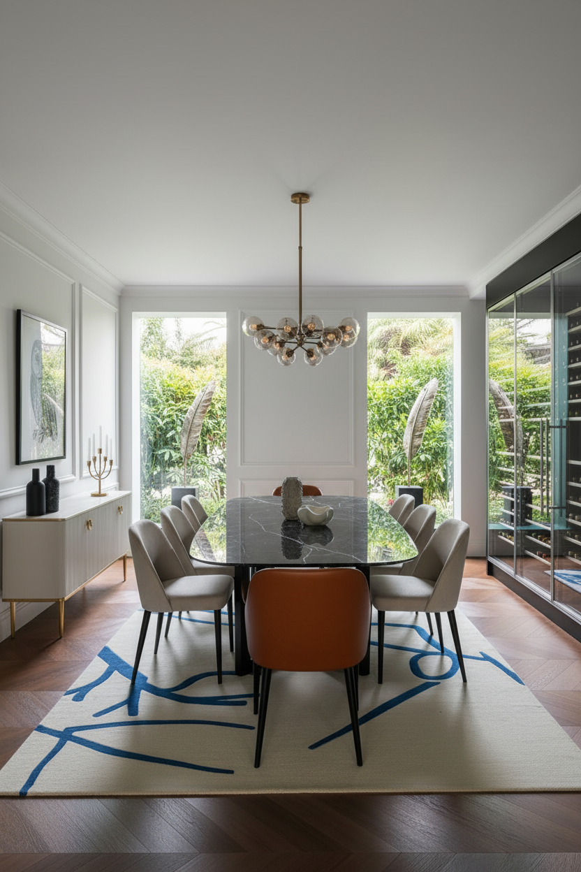 Modern dining room with a round table, chairs, blue and beige contemporary minimalistic rug, and a chandelier.