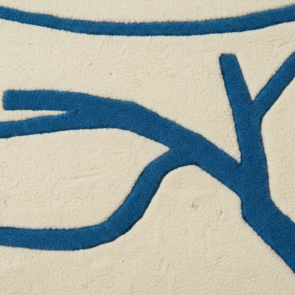 A close-up of a textured cream-colored rug with a bold, raised blue abstract branch-like pattern.