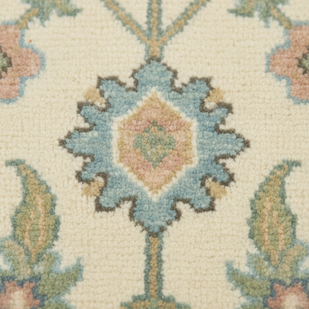 Close-up of a patterned rug with a cream background and a central floral medallion in light blue, dusty pink, sage green, and dark brown.