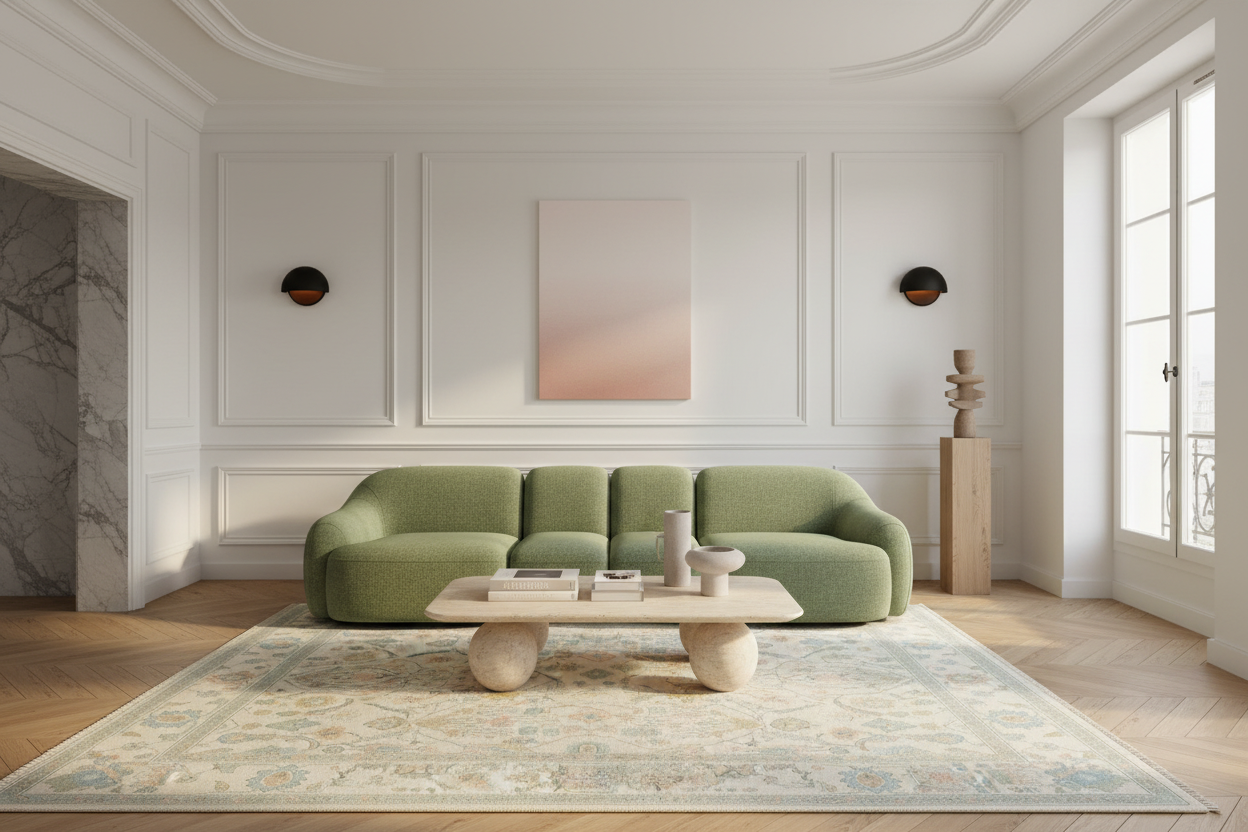 Modern living room with a green rug, sofa, coffee table, and abstract painting on a white wall.