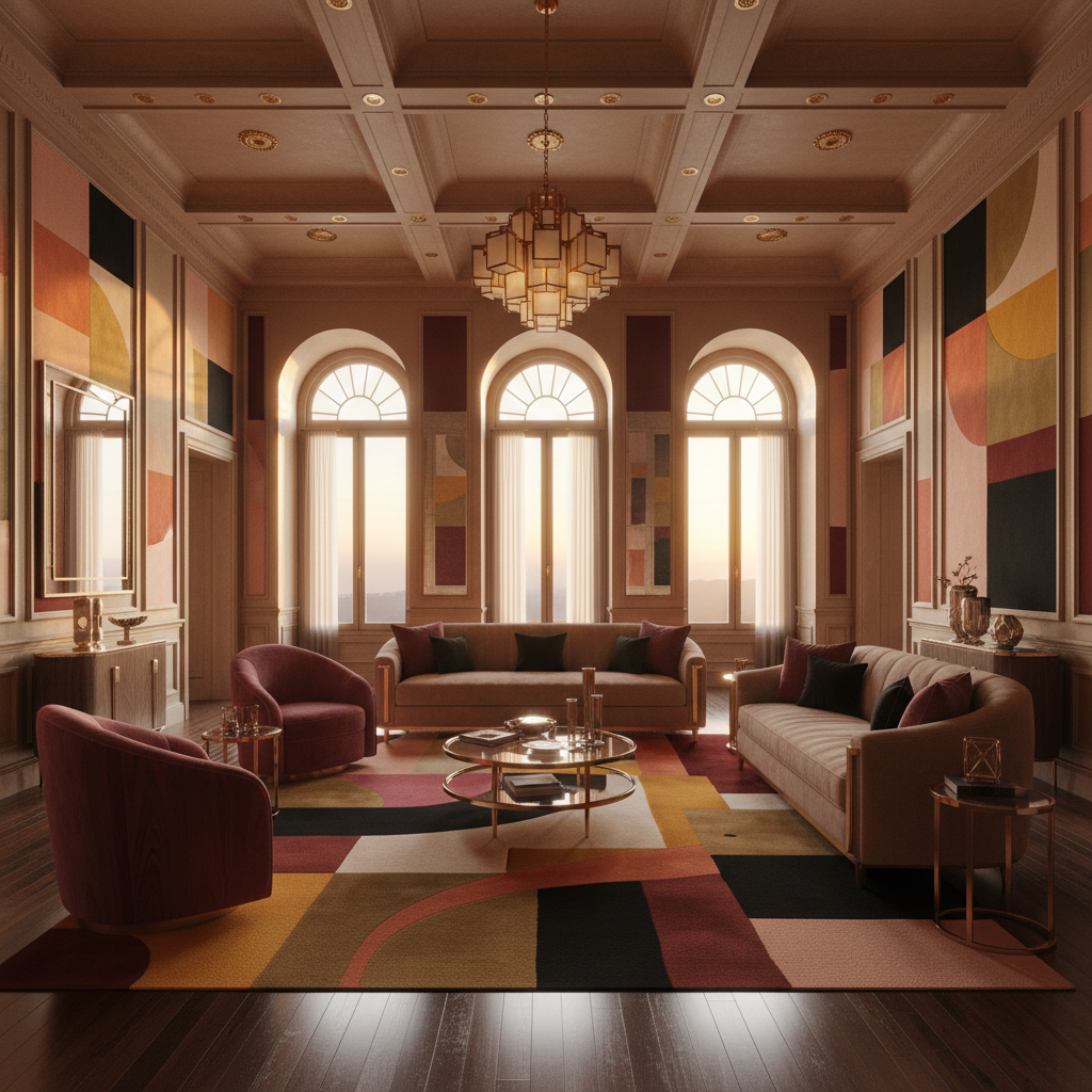 Luxurious living room with a chandelier, colorful walls, and a patterned rug.