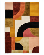See Me Yet hand-tufted rug with bold abstract blocks in black, orange, and pink with curved arch accents